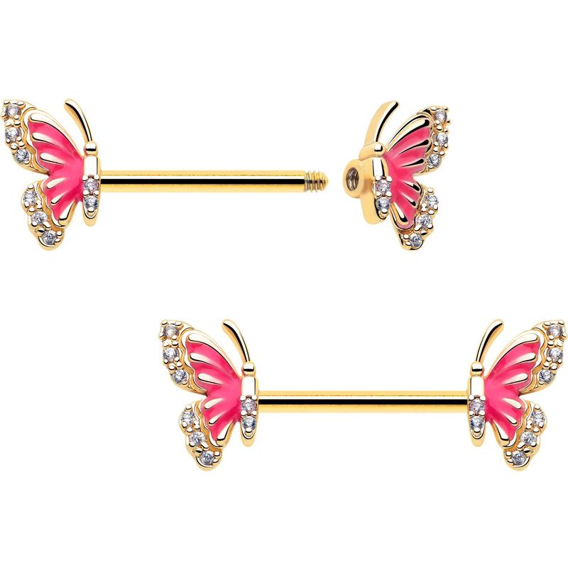 14G 9/16 Clear CZ Gem Gold Tone Butterfly Pink Splash Barbell Nipple Ring Set