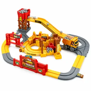 Construction Track Set for Kids, Engineering Truck Rail Playset with Electric Conveyor Belt, Dump Truck and Rock Loading Station