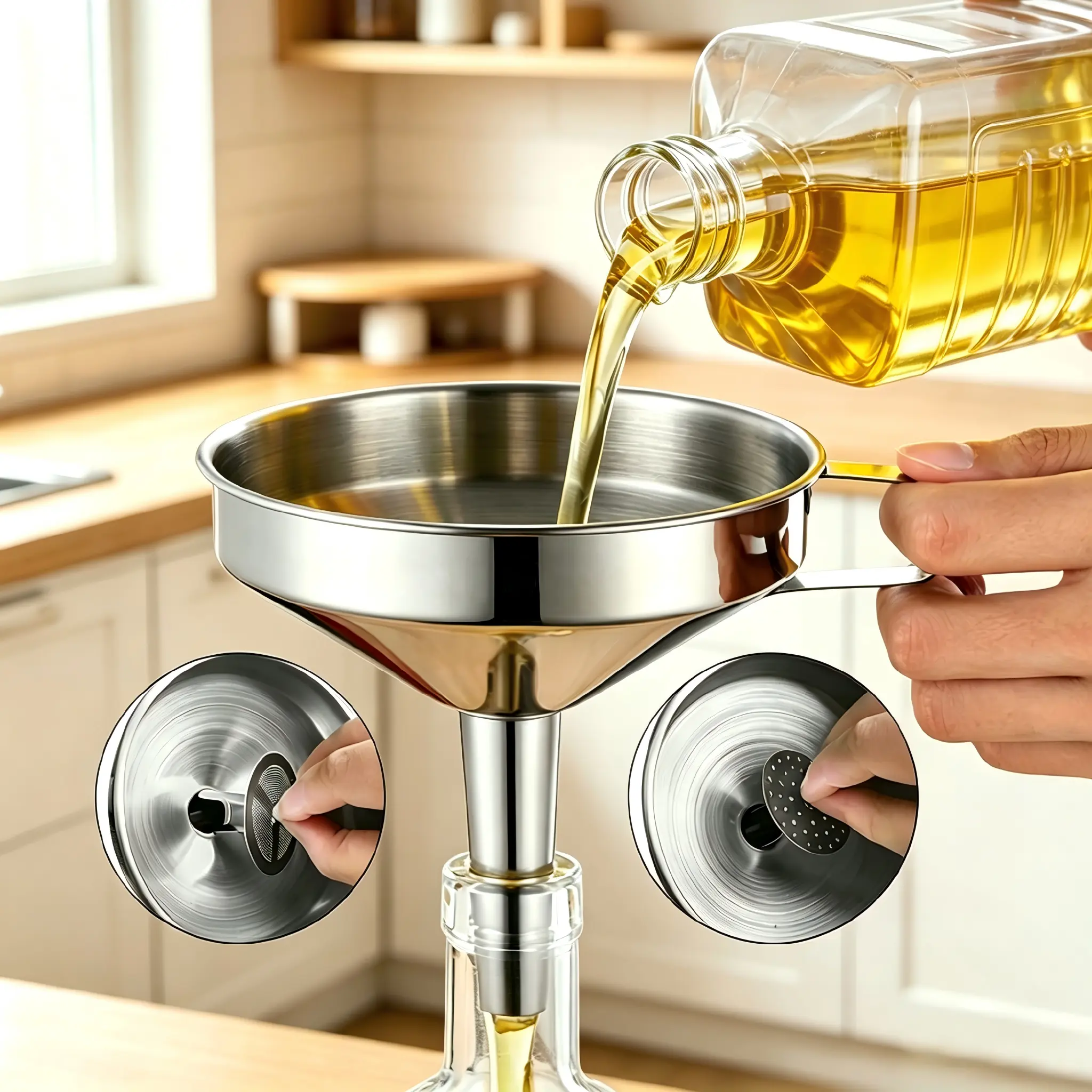 Funnel with Strainer Mesh for Oil Filtering – Ideal for outdoor and portable use. Made of food‑grade metal, specifically designed for bottling foods and filling applications. Perfect for camp seasoning and sauce dispensing.