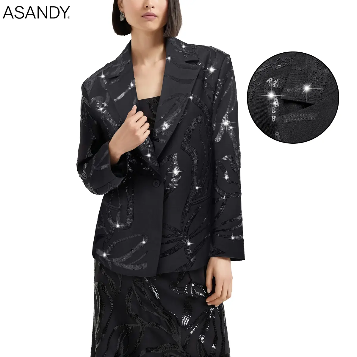 ASANDY Women's Long Sleeve Notched Lapel Black Sequin Blazer - Solid Button-Closure, Sparkling Abstract Sequin Applique, Monochromatic Non-White Suit Vest Set for Parties, Weddings, Notched Lapel Blazer