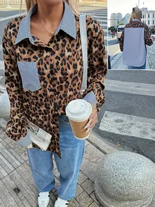 Elegant Plaid & Leopard Print Long Sleeve Shirt, Loose-Fitting Casual Blouse for Women, Spring & Fall Fashion, New Arrival