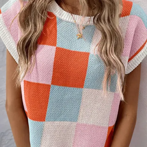 Women's Checkerboard Print Crewneck Cap Sleeve Sweater, Casual Round Neck Jumper for Summer, Sweaters for Women, Knitwear for Daily Wear, Lightweight Knit Sweater, Fashion Knitwear, Casual Soft Pullover, Casual Comfy Top