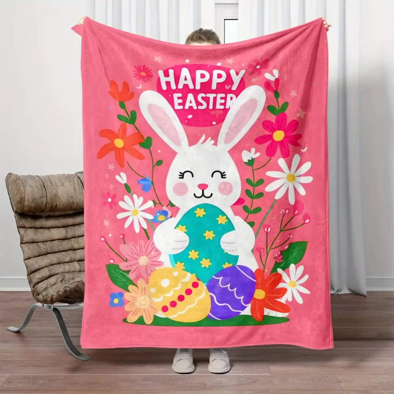 Easter Bunny Egg Fleece Throw Blanket, Soft, Cozy, Warm Plush Textile for Bedding & Linens