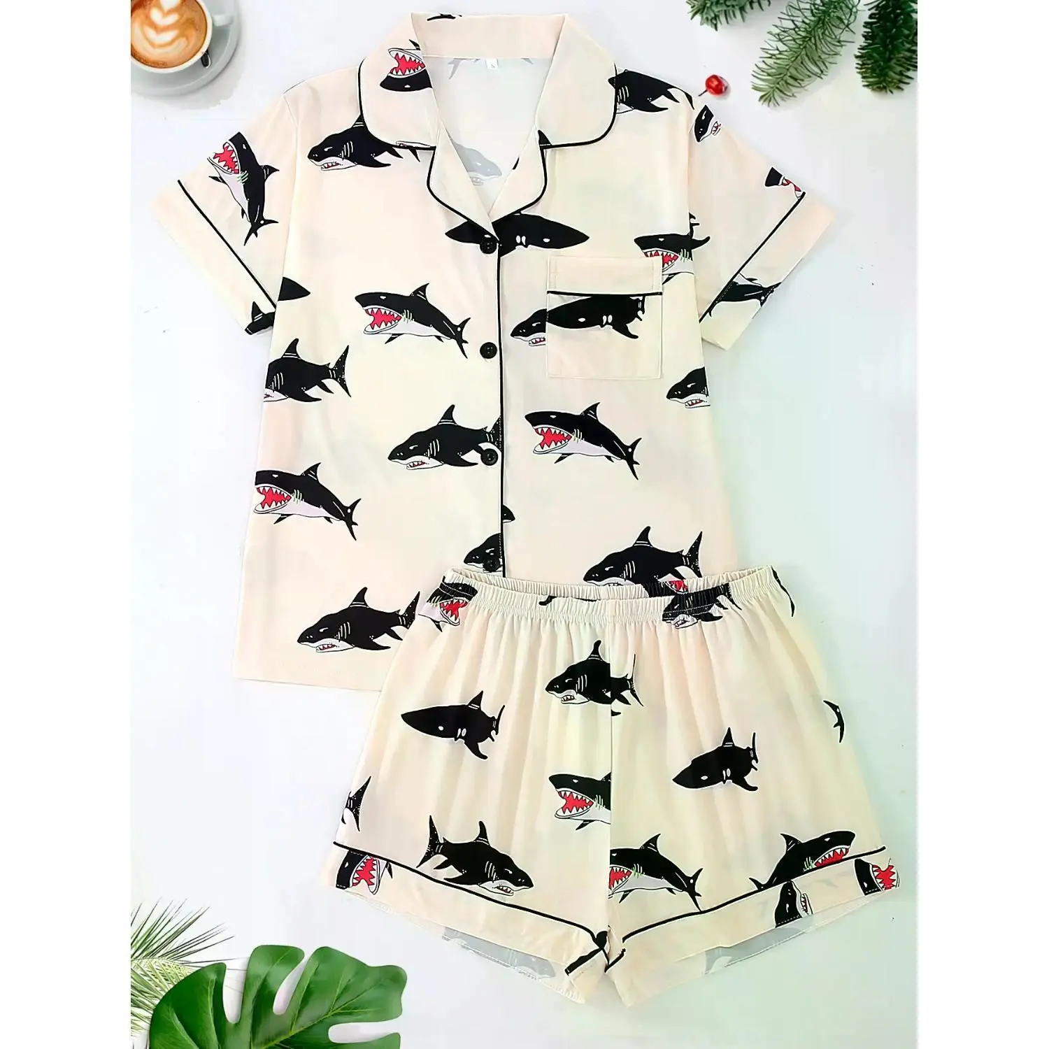 Ocean Animal Shark Print Women's Pajama Set: Collared Cardigan & Elastic Shorts Loungewear, All-Season Comfort