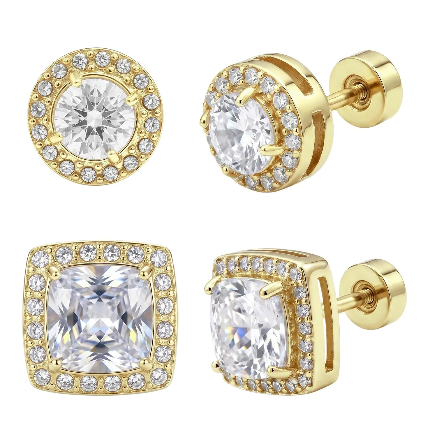 4 PCS Halo Zircon Stud Earring, Screw On Back CZ Halo Earrings, Timeless Round Square Halo Studs, Jewelry for Daily Party Work Wedding Gift