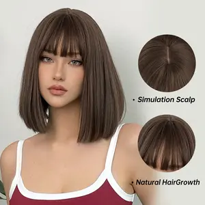 INSTYLE 14 Inches Short Bob Hair Wigs with Bangs None Lace Front Wigs Brazilian Straight Hair Machine Made Bob Wig for Black Women Natural color Daily Party Use