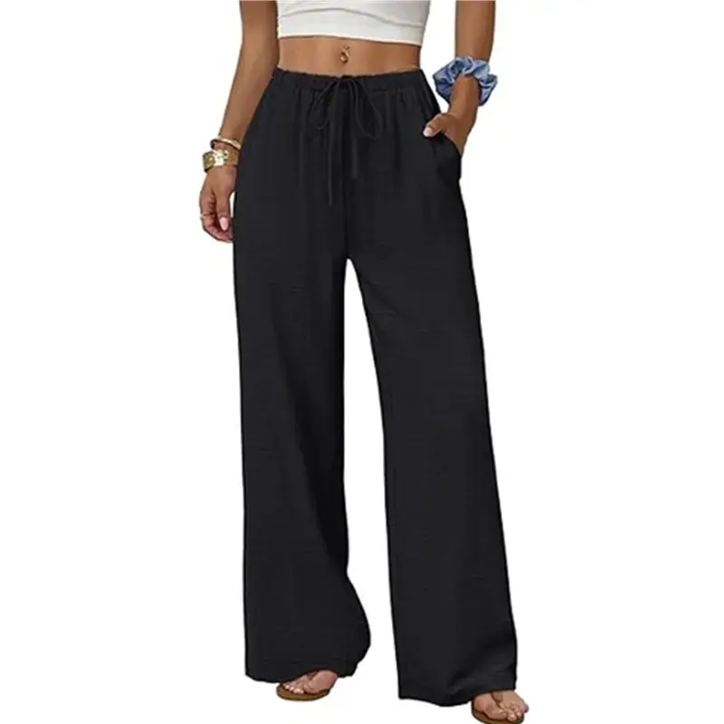 Women’s Linen Wide Leg Palazzo Pants, High Waist Flowing Casual Trousers with Side Pockets and Relaxed Fit, Lightweight Summer Bottoms for Beach Vacation, Travel, Shopping, Lounge, Outdoor Activities and Everyday Comfortable Fashion Wear lounge pant