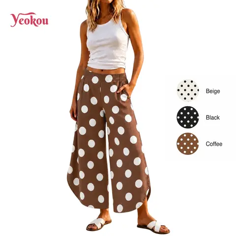 Yeokou Women’s High Waisted Cotton Linen Wide Leg Pants - Boho Polka Dot Tropical Vintage Vibe Outdoor Palazzo Trousers with Relaxed Fit, Side Pockets