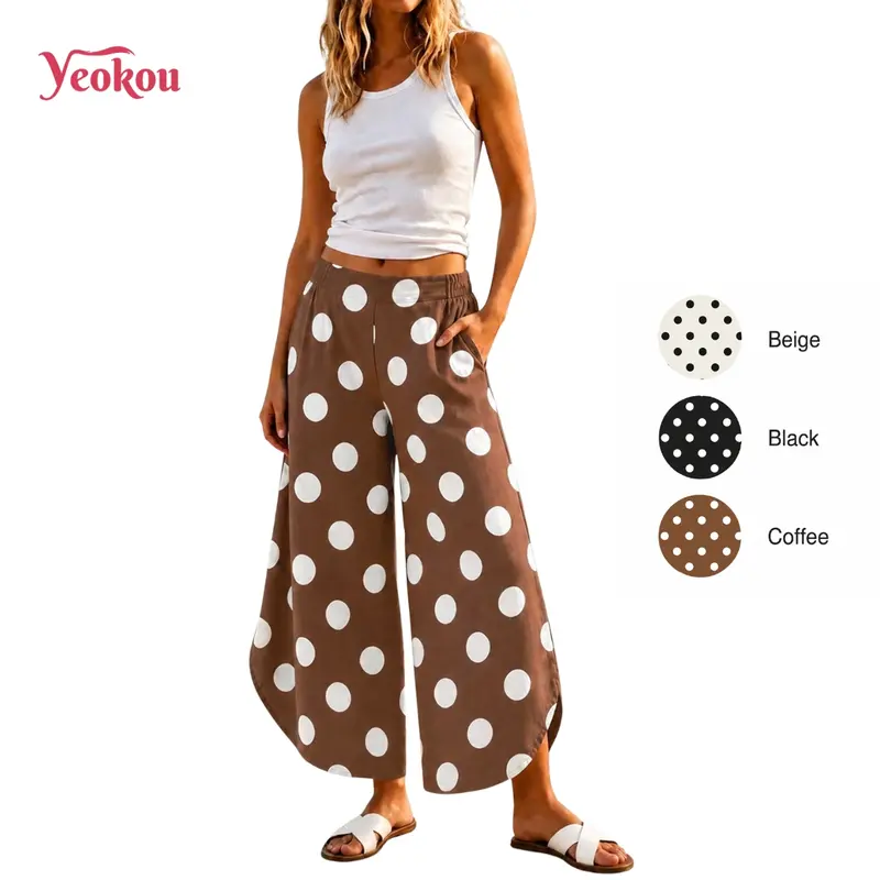 Yeokou Women’s High Waisted Cotton Linen Wide Leg Pants - Boho Polka Dot Tropical Vintage Vibe Outdoor Palazzo Trousers with Relaxed Fit, Side Pockets