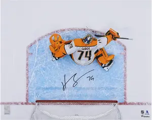 Juuse Saros Nashville Predators Autographed 16" x 20" White Jersey Overhead Making Save Photograph - Fanatics Authentic Certified