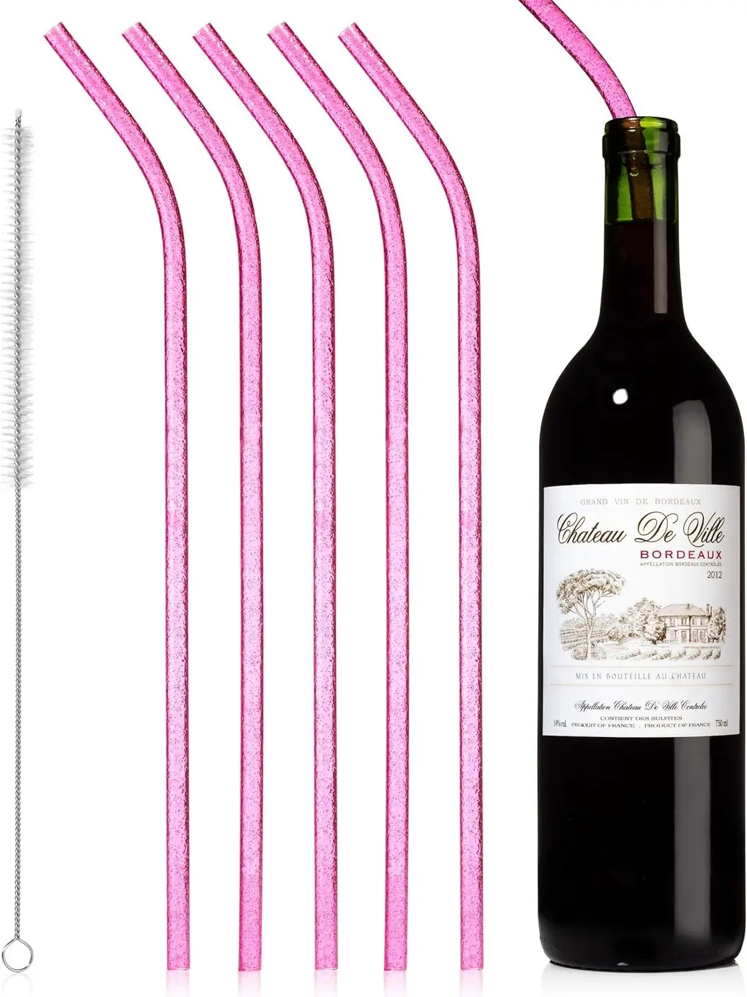 Reusable Wine Bottle Straws - Pack of 6 - Includes Straw Cleaning Brush - Perfect Hostess Gift or White Elephant Gift Idea