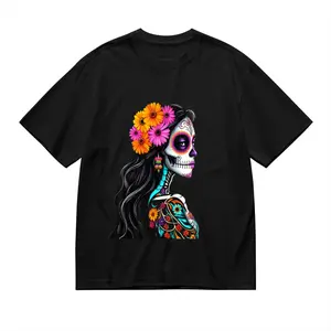 Women's Mexican Folk Art Sugar Skull T-Shirt - 100% Short Sleeve Crew Neck Top with Calavera Print, Marigold Flower & Catrina Design - Day of the Dead, Halloween & Christmas Mexican Cultural Outfit (V