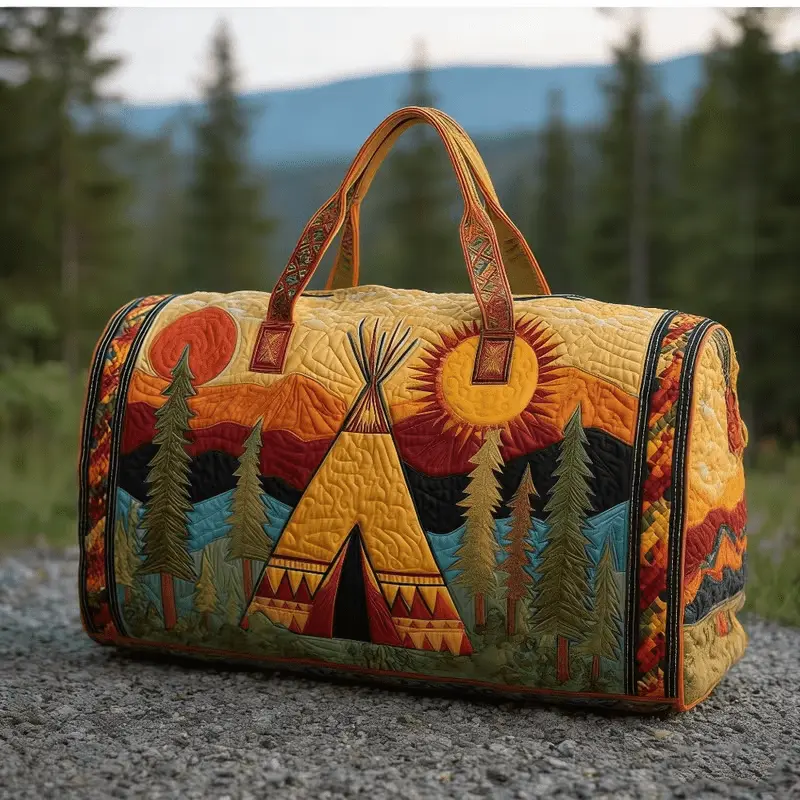 Ethnic Tribal Teepee Sunset Mountain Quilted Duffel Tote Travel Bag for Women, Large Capacity Machine Washable Shoulder Bag, Handcrafted Patchwork 3D Quilted Easy to Carry Reusable Handbag, Perfect for Bohemian Style Fans, Camping Enthusiasts, Road T