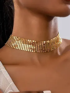 Punk Style Personalized Metal Sequins Party Statement Necklace, Hip Hop Punk Lock Bone Chain, Unique Accessory for Parties