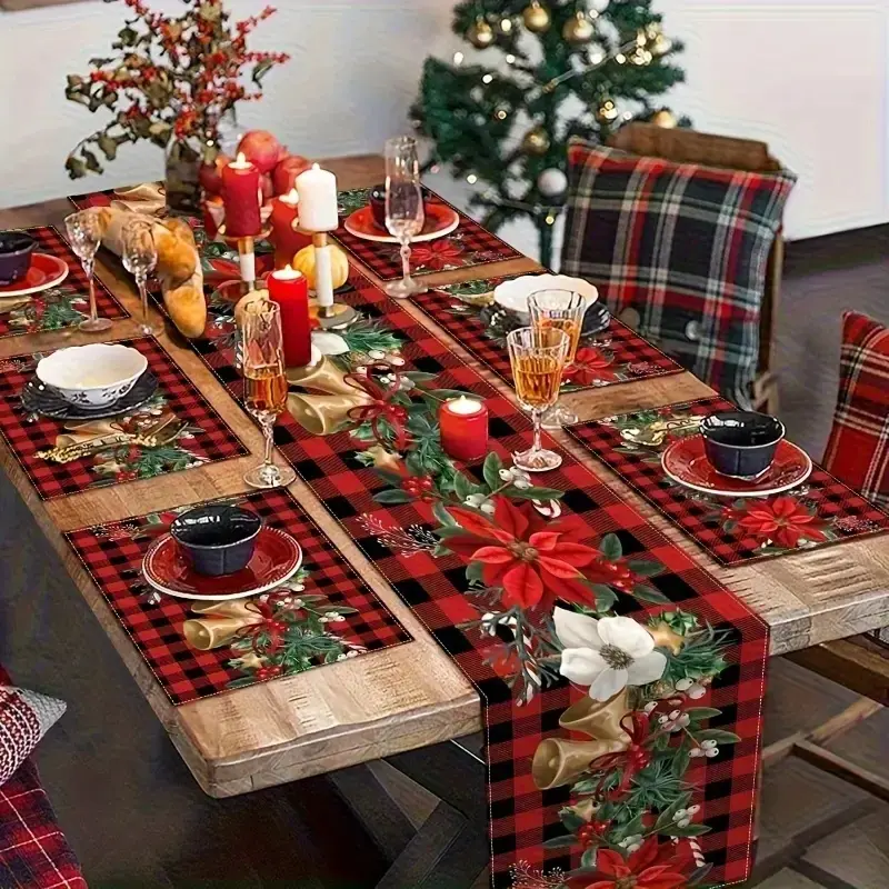 1/5/7 piece set Christmas placemat, Holiday placemats, and table runway set, Rectangular with red floral bell patterns on a red checkered background, suitable for holiday family gatherings, parties, restaurant kitchen tabletop decoration