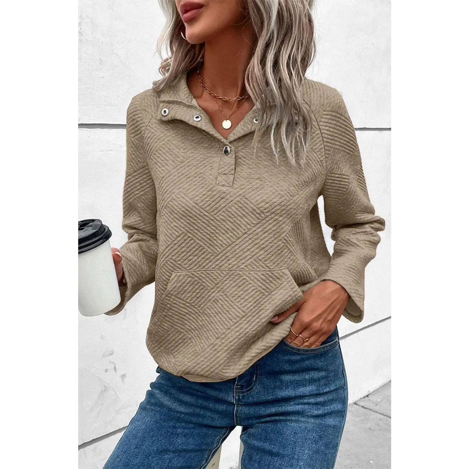 Light Grey Textured Knit Buttoned Kangaroo Pocket Sweatshirt
