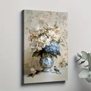 1 Piece Wrapped Solid Wood Frame Canvas Poster - Waterproof and Durable Blue Hydrangea and White Gardenia Art, Rustic Modern Bohemian Style Wall Decoration Suitable for Home Bathroom Classroom, Mother's Day Easter Gift with Hook, Indoor Decoration| Textur