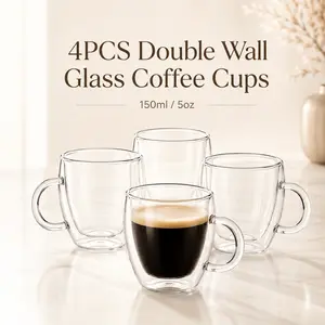 5oz Espresso Cups Set of 4, Small Double Wall Hand Blown Coffee Shots Glass, Expresso Mugs,Tazas de Cafe Expreso, Perfect For Espresso Latte Cappuccinos Tea Bag Juice Drinkware Insulated Travel Mug iced coffee cups