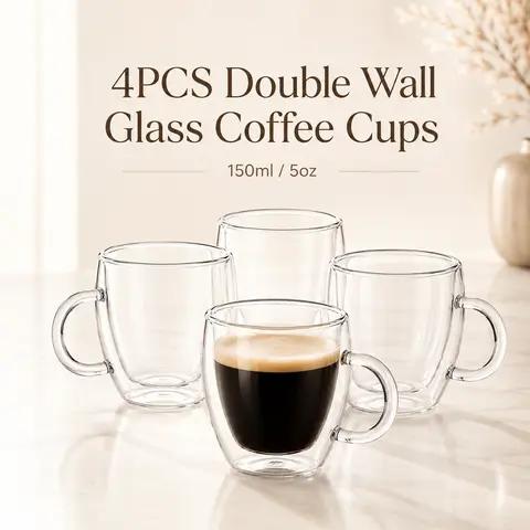4-Pack 5oz Insulated Travel Mug Tumbler Set - Double Wall Hand-Blown Craft Glass Cups, BPA-Free, Freezer-Ready Use, Microwave-Friendly Modern Drinkware for Coffee, Tea, Espresso, Crystal-Clear View, 365-Day Replacement
