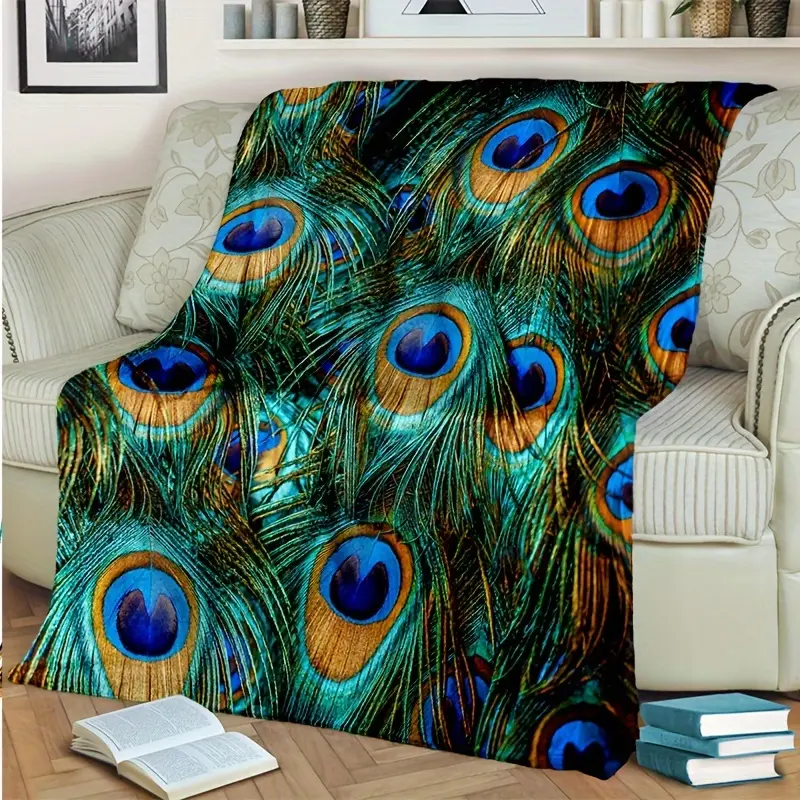 1 Peacock Feather Pattern Flannel Fabric Decorative Throw Blanket - All-Season Warmth, Comfortable, Soft Travel Companion