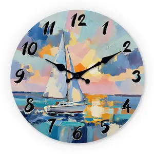 Impressionist Nautical Ship Wooden Wall Clock, Silent 10-14 Inch Battery Operated, Perfect for Living Room Bedroom Office, Mother's Day Easter April Fools'