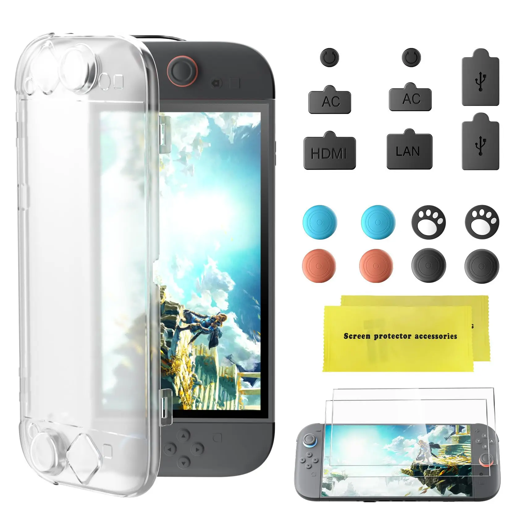 Full-Body Protection Case 1 Set for 2025 Model Switch 2 Handheld Gaming Console - Perfect Fit, Waterproof, Anti-Fingerprint, Includes 2x Tempered Glass Screens, Blue Light Filter, Dust Plugs, Thumb Grips, Bonus Accessories, Snap On or Remove Compatible