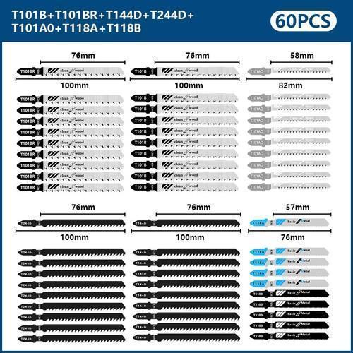 60 Pcs T-Shank Jigsaw Blades Set | Combination Saw Blade Kit for Wood Plastic Metal Cutting | Heavy Duty Multi-Material Scroll Saw Blades with Storage Case