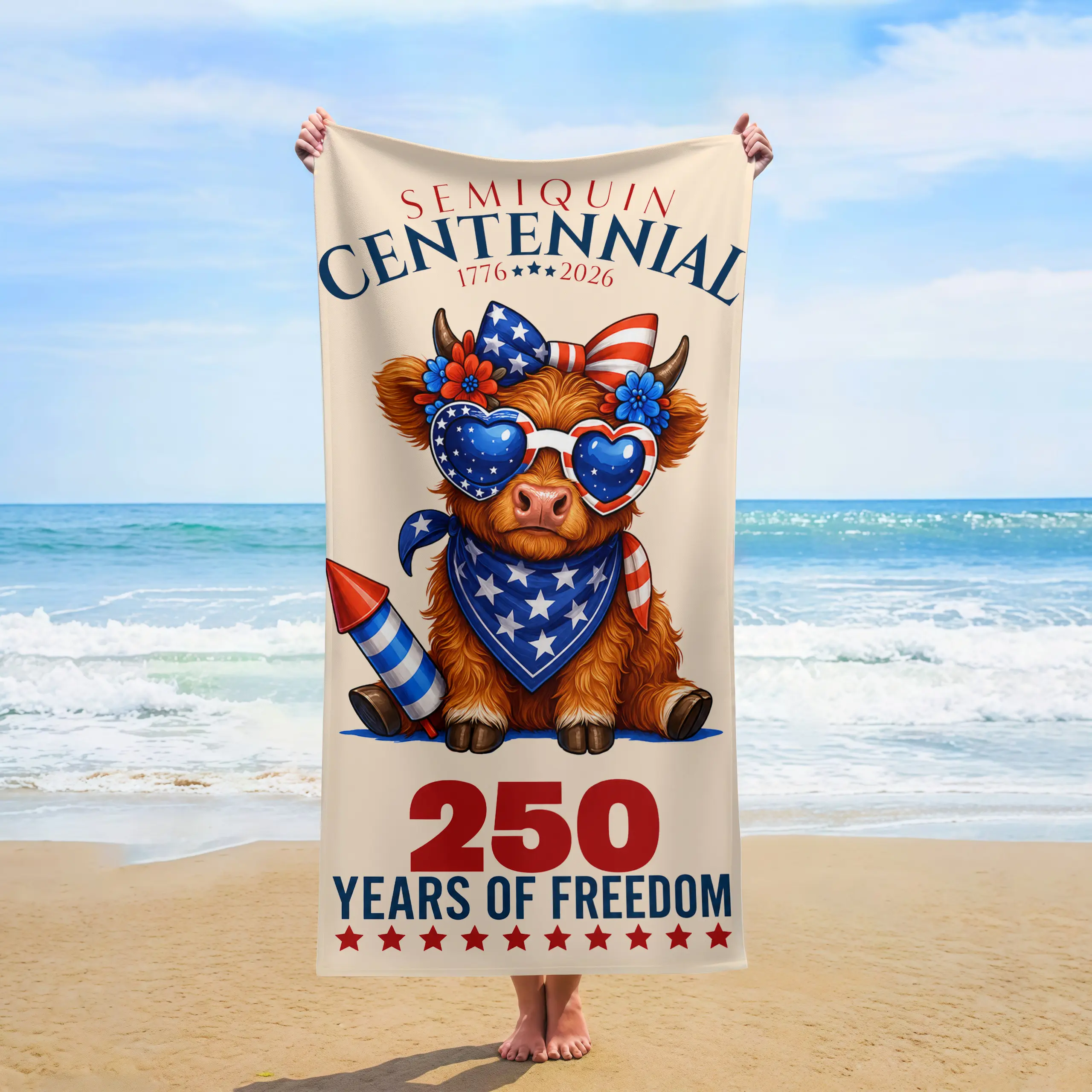 Semiquincentennial Highland Cow Beach Towel - 1776-2026 250 Years of Freedom Patriotic Coquette Quick Dry, 1 Color Bath & Hand Towel Alternative USA 250 Gift