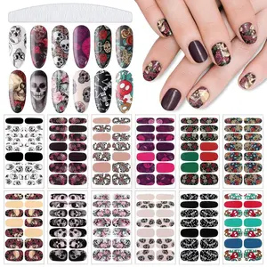 168 Pcs 12 Sheets Halloween Goth Full Wrap Nail Stickers Nail Polish Strips Decals Skull Self Adhesive for Women DIY Decoration(Skeleton Style)