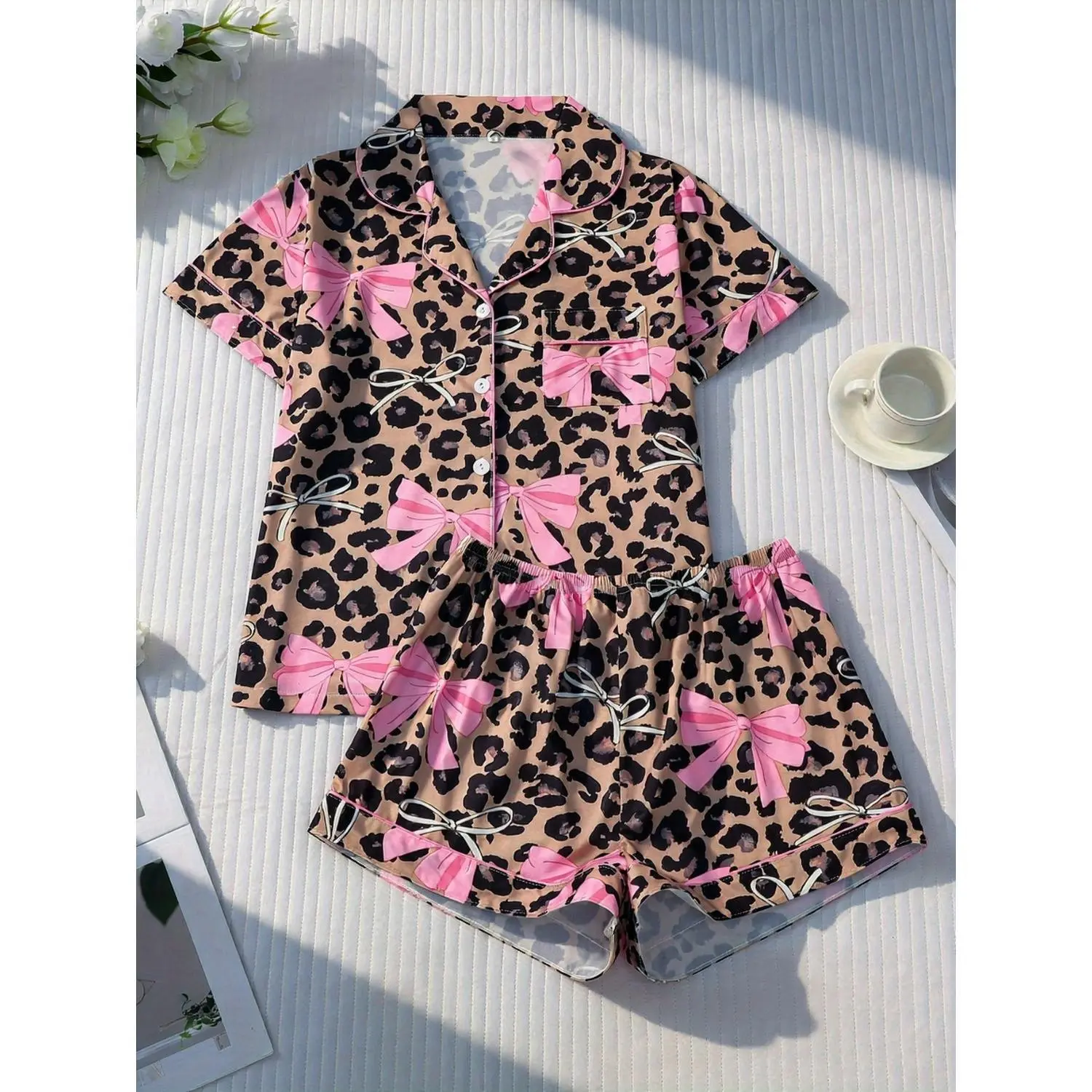 2-Piece Women's Pajama Set, Pink Leopard Bow Print, Short Sleeve Collared Button-Up Top with Loose Elastic Shorts, Stylish and Cute Casual Loungewear