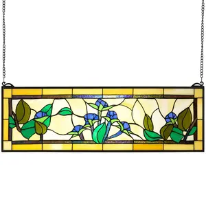 VEVOR Stained Glass Window Panel, 35.2" x 13.1" Tiffany Style Hanging Transom Window Panel with Chain, Large Horizontal Rectangle Stain Glass, Vintage Traditional Art Handcrafts for Kitchen Home Deco