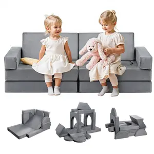 fathersdaygift VEVOR Modular Kids Play Couch, Sectional Toddler Sofa with Armrests, 28D Sponge Short Pile, Convertible Kids Modular Couch DIY Creative Combination for Playroom, Bedroom, Living Room, 14 Pcs, Gray