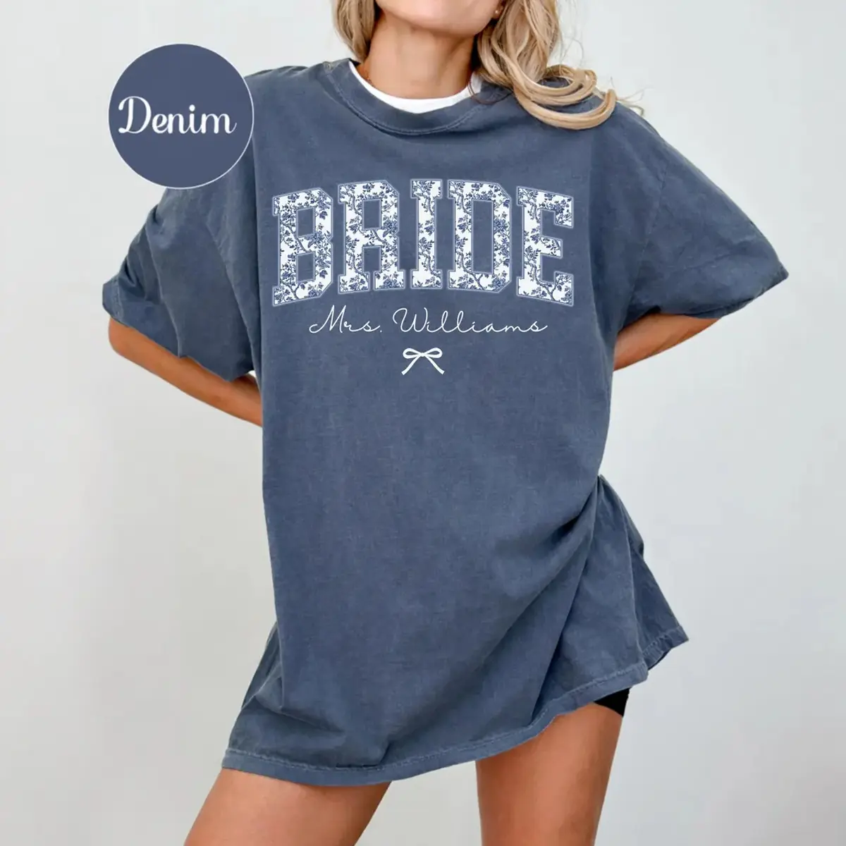 Custom Bride Blue Toile T-Shirt, Personalized Mrs Name Bridal Shirt, Chinoiserie Wedding Tee, Bridal Shower Bachelorette Gift
