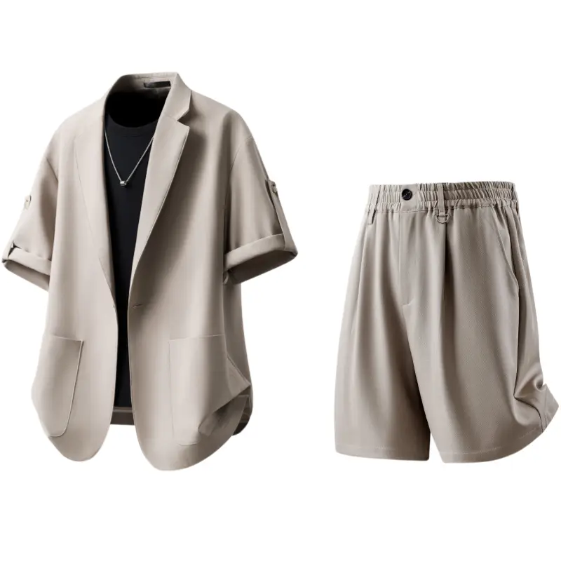 Men’s casual summer suit set featuring a short-sleeve blazer with pockets and a turn-down collar paired with elastic-waist shorts—a two-piece outfit made from comfortable fabric, ideal for everyday wear. #SummerVibes