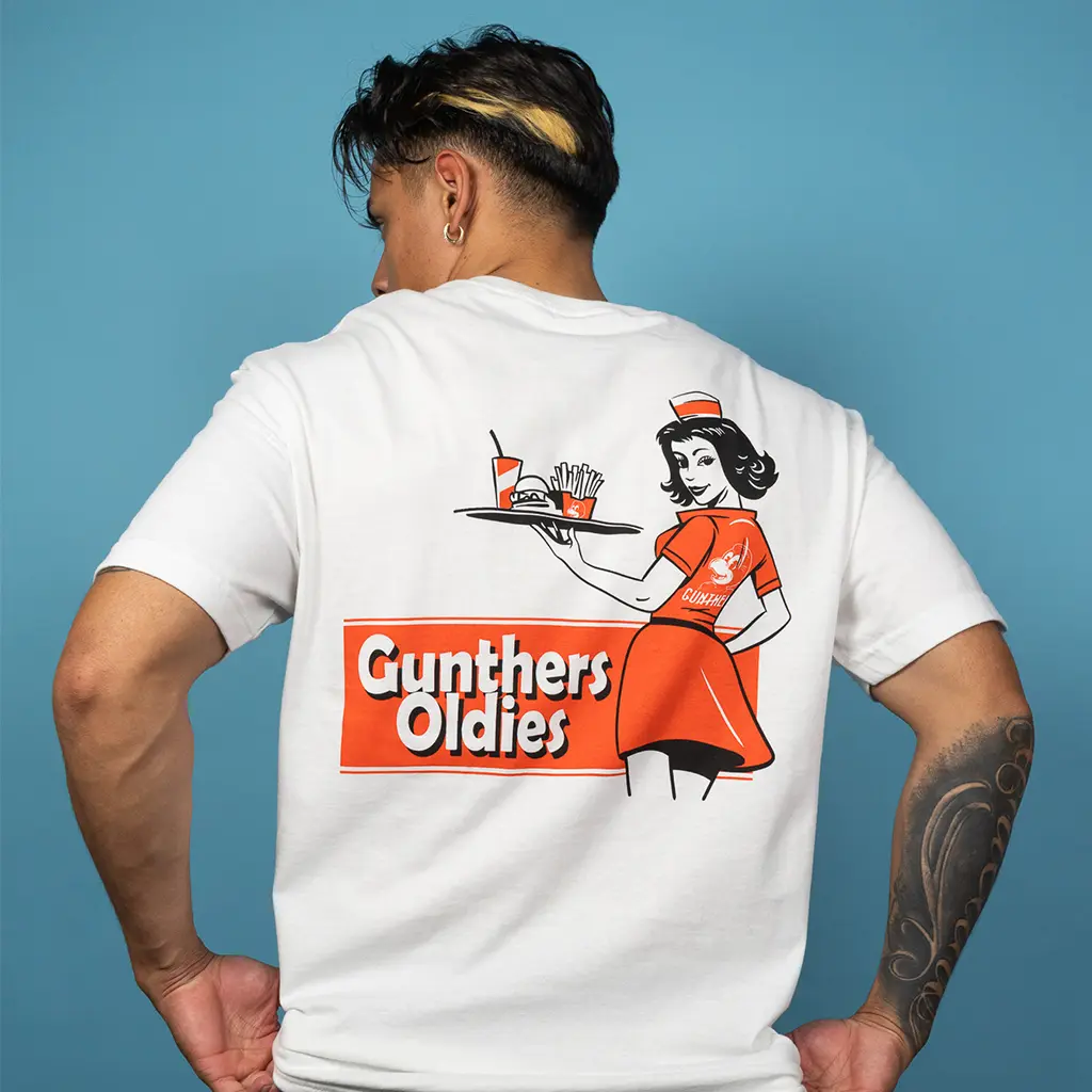 Gunthers Co Men's Vintage Graphic Tee featuring a Carhop Print, Soft Round Neck Short-Sleeve Summer Shirt