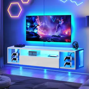 TK1-Wall Mounted TV Console with LED Light - Floating Entertainment Center, 140CM, High Gloss White & Acrylic, Hidden Storage for Living Room