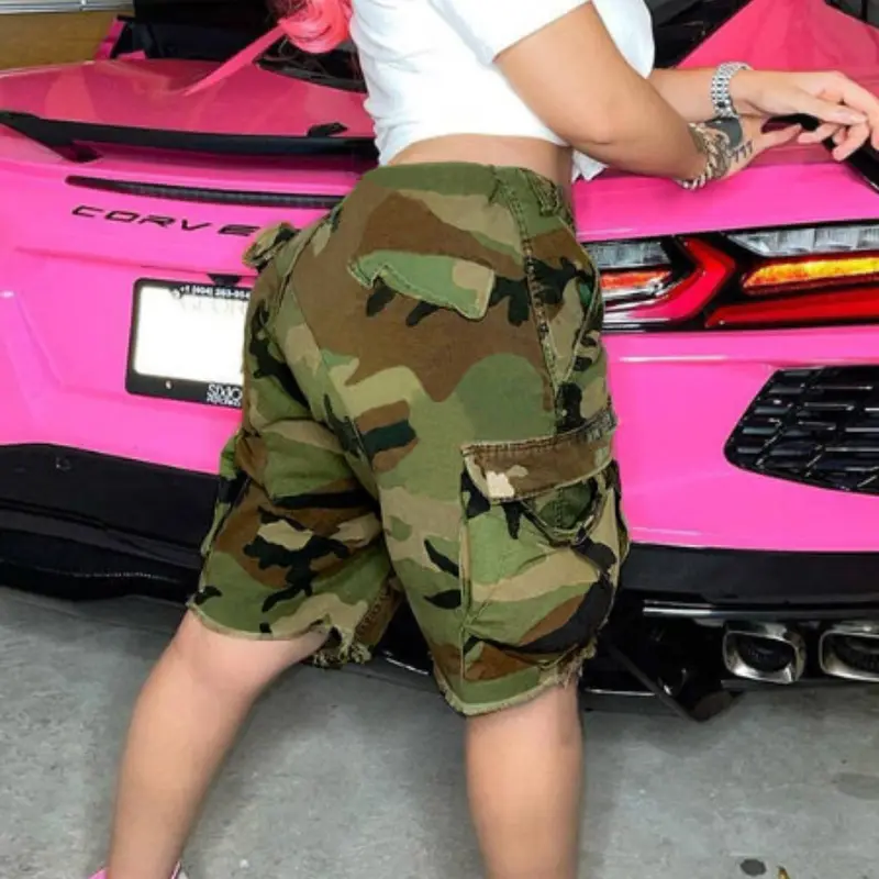 American Vintage Camouflage Workwear Bermuda Shorts, High Waist Elastic Waistband Shorts with Multi Pockets, Loose Baggy Fit Casual Five-Quarter Shorts, Fashion Camouflage Shorts