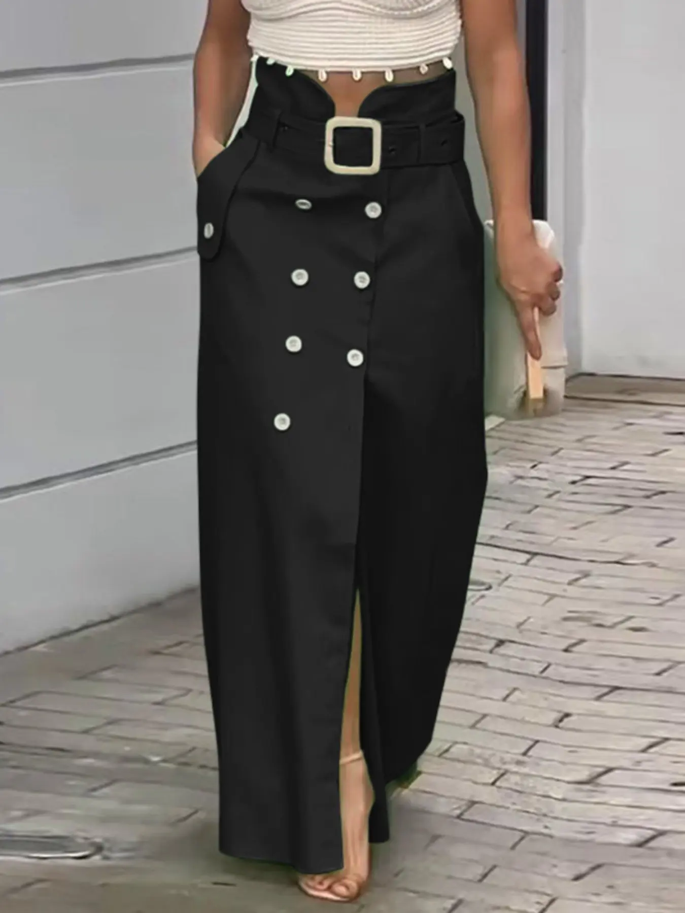 VONDA Women's Office Commute Solid Color Contour Skirt, Split Long Midi Skirt, Button Design, with Belt, Elegant and Professional Style
