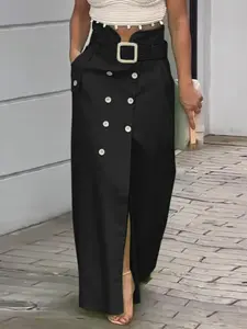 VONDA Women's Office Commute Solid Color Fit Skirt, Split Long Midi Skirt, Button Design, with Belt, Elegant, Professional, Minimalist Style, Womenswear, Bottom