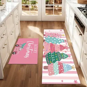 2Pcs Christmas And New Year Printed Kitchen Area Rug Pink Christmas Tree Mat Set Farmhouse Kitchen Carpet Restaurant Floor Laundry Room Decoration Carpet Mat
