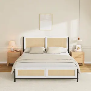 Rattan Bed Frame, Boho Platform Bed with Headboard & Footboard, Natural Rattan Weaving, Wood Grain Finish, No Box Spring Needed, Steel Slat Support, Under-Bed Storage, 800LBS Capacity, Easy Assembly