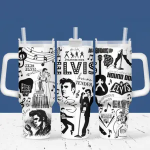 Elvis Tumbler with Handle, Rock and Roll Music Fan Decor, 20oz 40oz Insulated Stainless Steel, Music Lover Gift for Mom, Birthday Present