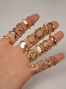 Vintage Style Artificial Gemstone Carved Ring Set, 20 Piece Alloy Jewelry Series, Snake Geometric Design, Punk Style, All Seasons