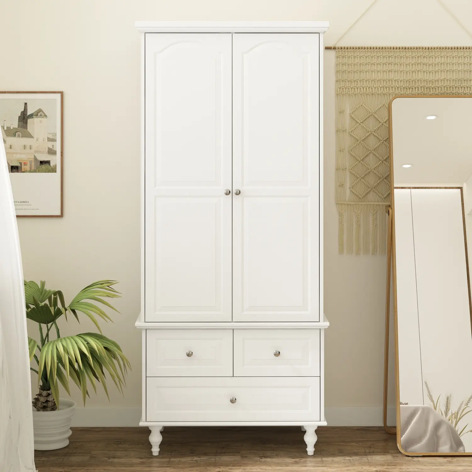 2-Door Wardrobe - Free Standing Wood Closet with Hanging Rod, Shelves & Drawers, Modern Carved Design, Silver Knobs, Bedroom Storage