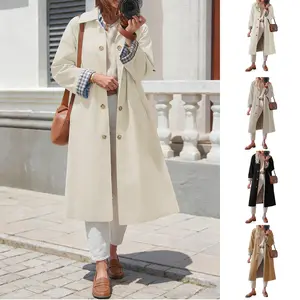 WoodBerry Women's Long Trench Coat Single Breasted Classic Collar Check Lining Oversized Windproof Overcoat Fashion Outerwear summerwins
