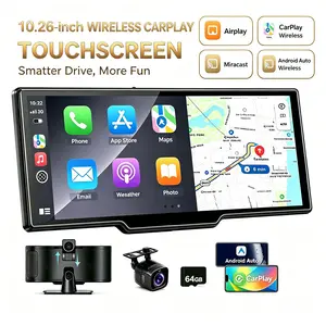 2026 Upgraded Wireless CarPlay Screen: 10.26 inch IPS Touchscreen supporting CarPlay, Android Auto, Mirror Link (supports tiktok and youtube), Backup Camera, Navigation, and Voice Assistant