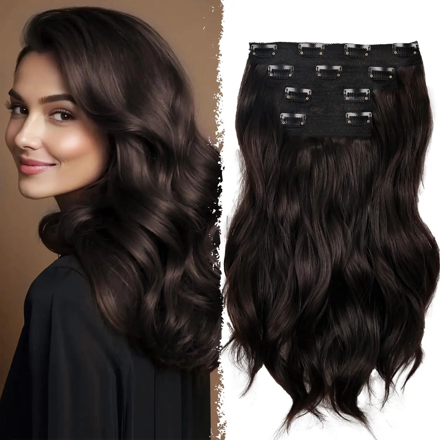 Adjustable Synthetic Extensions & Pieces for Women, 18-Inch Clip-In Human Hair Blend Set in 3 Colors (Black, Dark Brown, White Gold)