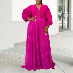 Large Size Women's Autumn and Winter Long Sleeve Beaded Sexy Wide Leg Pleated African Jumpsuit Fashion Womenswear