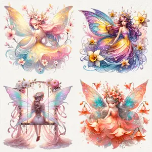 4-Pack Magic Butterfly Fairy Heat Transfer Stickers - Vibrant Watercolor Patches for DIY T-Shirts, Canvas Bags, and Pillows, Fun Cartoon Design with Luminous Tones and Floral Details, Fabric Decoration, Diy Flower Decor, Diy Material