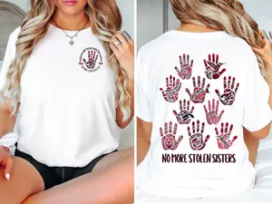 Women's Slim-Fit Crew Neck T-Shirt, MMIW "No More Stolen Sisters" Awareness Message, Indigenous First Nations Day of Remembrance Tee, Native American Graphic Print with Red Handprint & Orca Artwork